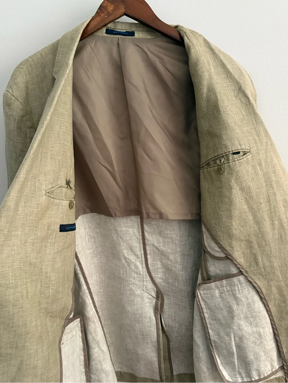 Material London 100% Linen Men's Beige/Khaki Sport Coat Two Button Blazer Sz:L